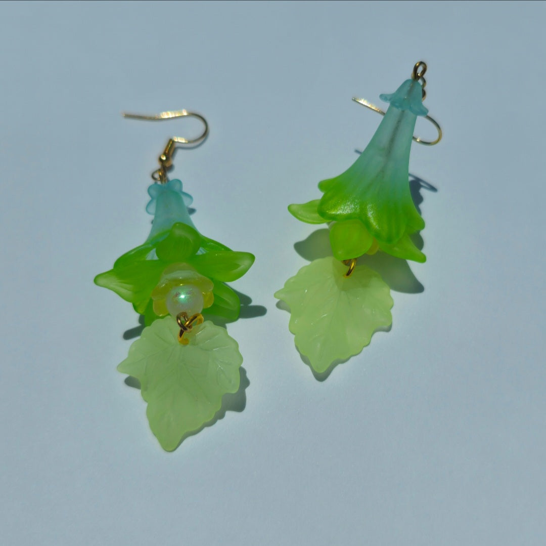 Green Trumpet Flower Earrings