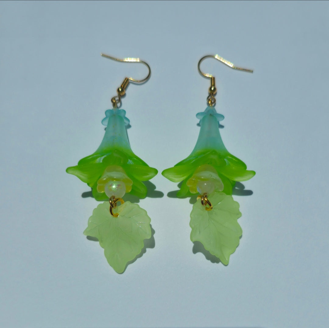 Green Trumpet Flower Earrings